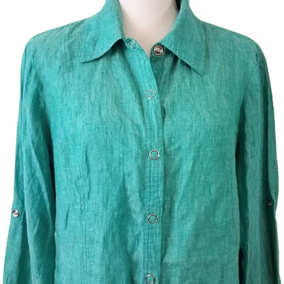 COLDWATER CREEK Green 100% Linen Snap-Front Roll-Sleeve Shirt Women's 1X - Picture 5 of 7